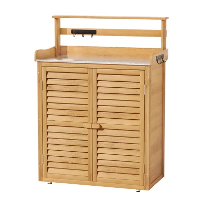 Gardeon Wooden Outdoor Storage Cabinet with Galvanised Steel Workbench, 3-Tier Shelves & Weather-Resistant Design