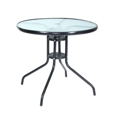 Gardeon Outdoor Steel Bar Table with Glass Top, Parasol Hole, 80cm Diameter - Elegant, Durable, Easy to Clean