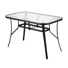 Gardeon 120CM Black Outdoor Dining Table, Steel Frame, Tempered Glass Top, with Parasol Hole and Anti-Slip Feet Gardeon 120CM Black Outdoor Dining Table, Steel Frame, Tempered Glass Top, with Parasol Hole and Anti-Slip Feet
