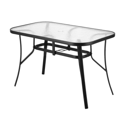 Gardeon 120CM Black Outdoor Dining Table, Steel Frame, Tempered Glass Top, with Parasol Hole and Anti-Slip Feet