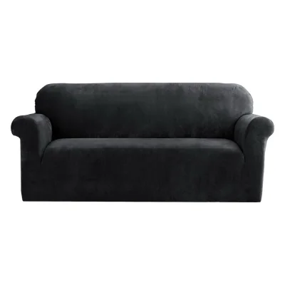 Artiss Velvet Sofa Cover, 3-Seater, Black - Stretchable, Anti-Slip, Machine Washable for All-Around Protection