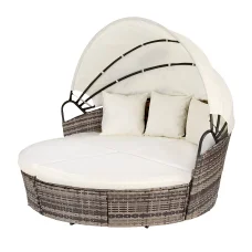 Gardeon Outdoor Wicker Day Bed Set of 3: Beige Sun Lounge with UV-Resistant Frame, Folding Canopy, & Washable Cushions