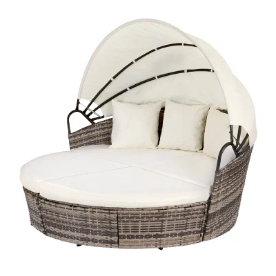 Gardeon Outdoor Wicker Day Bed Set of 3: Beige Sun Lounge with UV-Resistant Frame, Folding Canopy, & Washable Cushions