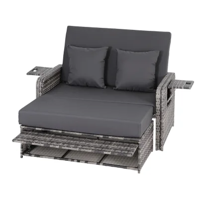 Gardeon Grey Outdoor Day Bed: 4-in-1 Wicker Lounger with Adjustable Backrest, Retractable Trays, and Storage Ottoman
