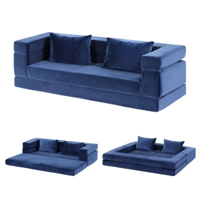 Artiss 3-in-1 Convertible Sofa Bed - Velvet, High-Density Foam, Non-Slip Base, 300KG Capacity, Curved Couch, Blue