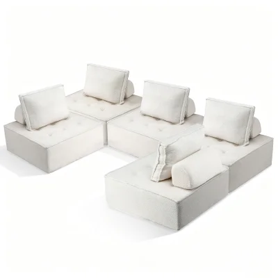 Artiss 5-Seater Floor Sofa Lounge Chair with Bouclé Fabric, Plush Cotton Backrest, and Ergonomic Support Pillow