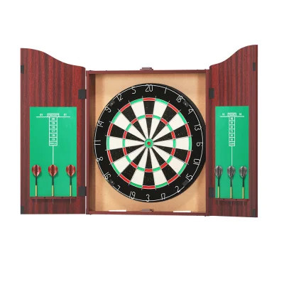 18" Sisal Dartboard and Wooden Cabinet Set with 6 Steel Darts, Rotating Score Ring, Staple-Free Divider, Brown