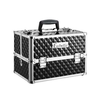 Embellir Portable Cosmetic Beauty Makeup Case, Aluminum, 23x36x26cm, Diamond Black, Adjustable Dividers, Lock & Strap