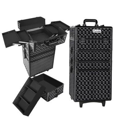 Embellir Makeup Trolley, Aluminium, 35x25x75cm, Diamond Black, Portable Beauty Case with Wheels, 4-in-1 Organizer Box