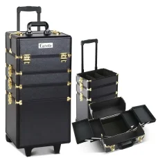 Embellir Makeup Case Beauty Trolley, Aluminum, 35x25x75cm, Gold & Black, 7-in-1 Cosmetic Organizer with Wheels