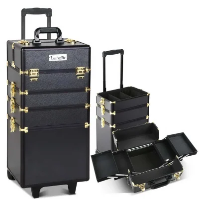 Embellir Makeup Case Beauty Trolley, Aluminum, 35x25x75cm, Gold & Black, 7-in-1 Cosmetic Organizer with Wheels
