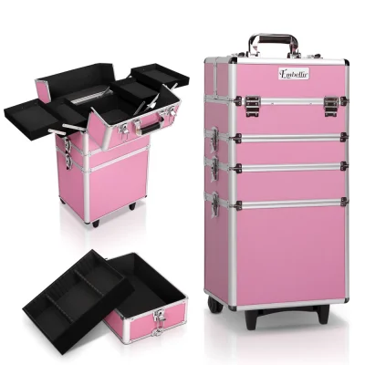 Embellir Makeup Case Beauty Trolley, Aluminium Frame, 35x25x75cm, Pink, 7-in-1 Portable Cosmetic Organiser with Wheels
