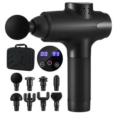 Everfit 30-Speed Black Massage Gun with 8 Heads, Quiet Brushless Motor, 3-Hour Battery, LCD Touch Display, USB Charging