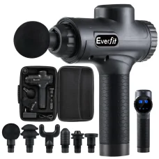 Everfit Massage Gun 30 Speed 6 Heads, 20V Brushless Motor, 4000RPM, Rechargeable, Deep Tissue, Black, LCD