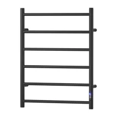 Devanti Heated Towel Rail 6 Bar Electric Warmer Rack, Carbon Steel, Black, Timer, Wall Mounted, Waterproof, 80W