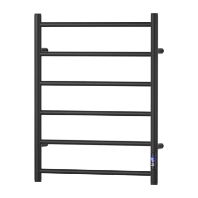 Devanti Heated Towel Rail 6 Bar Electric Warmer Rack, Carbon Steel, Black, Timer, Wall Mounted, Waterproof, 80W