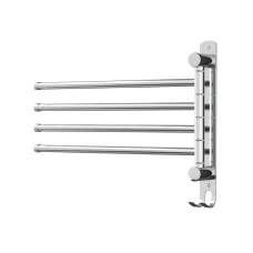 Devanti 4 Bar Stainless Steel Towel Rail Rack Holder, Wall Mounted Swivel Design with Hook, 36x25cm, Rust-Resistant