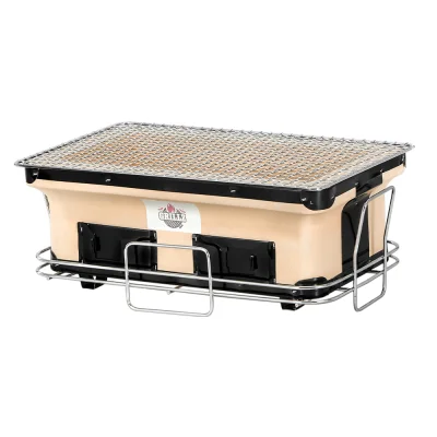 Grillz Ceramic Hibachi BBQ Grill, Diatomaceous Earth, 24x41x16.5CM, Portable Japanese Style, Dual Charcoal Chambers