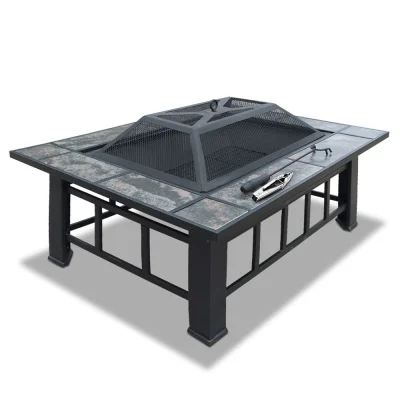 Grillz 3-In-1 Steel & Ceramic Outdoor Table - Fire Pit, BBQ Grill, Ice Bucket, 94x71x44cm, Modern Rustic Design