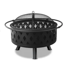 Grillz 2-in-1 Fire Pit BBQ Grill, Steel, 82cm, Black, All-Season Outdoor Table with Safety Ring and Accessories