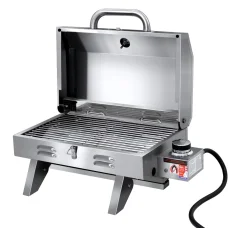 Grillz Portable Gas BBQ Grill, Stainless Steel, 12,000 BTU, Foldable, Integrated Thermometer, Easy Clean, AGA Certified