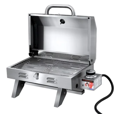 Grillz Portable Gas BBQ Grill, Stainless Steel, 12,000 BTU, Foldable, Integrated Thermometer, Easy Clean, AGA Certified