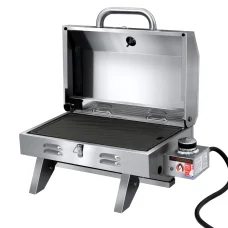Grillz Portable Gas BBQ Grill, Stainless Steel, 12,000 BTU, Foldable Design, Double-Sided Plate, Easy Clean, 46.5x28.