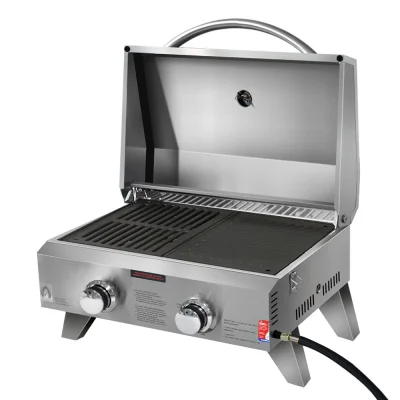Grillz Portable Gas BBQ Grill, Stainless Steel, 2 Burners, 52x33cm Cooking Area, Foldable Design, Easy Clean