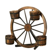 Gardeon 80cm Wooden Wagon Wheel Garden Decor Plant Stand - Rustic Fir Wood with Buckets, Weatherproof & Durable