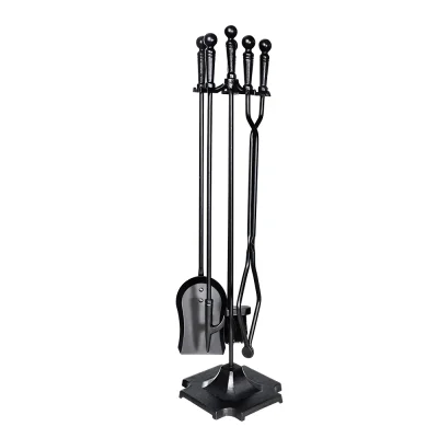 Grillz Fire Pit Tool Set 5 PCS, Cast Iron, Black, Includes Stand, Heat-Resistant & Fireproof, Space-Saving Design