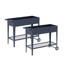 Green Fingers Raised Garden Bed x2, 100x40x80cm Galvanised Steel Planter Box with Wheels, Storage Shelf, Elevated Design