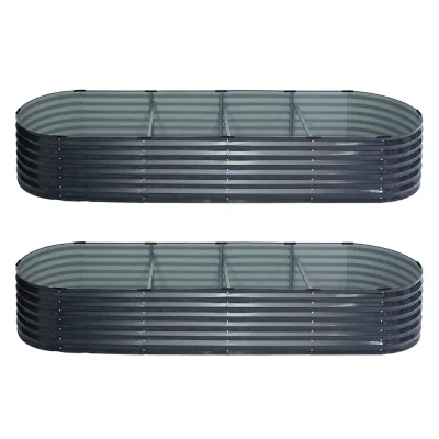 2x Green Fingers Galvanised Raised Garden Bed 320x80x42cm Oval Planter Box, Rustproof Steel, Aluminium Grey