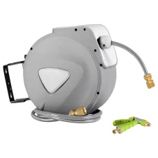 Green Fingers 30M Retractable Water Hose Reel with Auto Rewind, UV-Resistant PVC, Brass Spray Gun, and 180° Swivel Mount