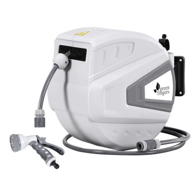 Green Fingers 30M Retractable Water Hose Reel, Auto Rewind, Wall Mount, 9-Mode Spray Gun, UV-Resistant PVC