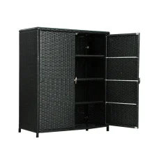 Gardeon Outdoor Wicker Storage Cabinet – Handwoven PE, Aluminium Frame, 2-in-1 Design with Glass Top, 103x84x40cm, Black