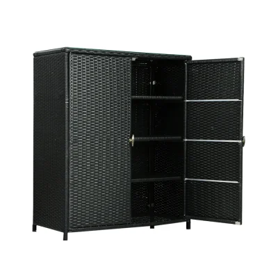 Gardeon Outdoor Wicker Storage Cabinet – Handwoven PE, Aluminium Frame, 2-in-1 Design with Glass Top, 103x84x40cm, Black