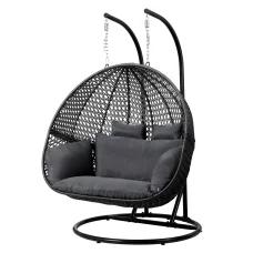 Gardeon 2-Seater Outdoor Hanging Egg Chair, Handcrafted Rattan Pod with Steel Frame, Soft Cushion, Grey, 117x117x200cm
