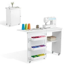Artiss Multi-functional Folding Sewing Table - White Craft Station with Storage, Rolling Wheels, and Magnetic Closure