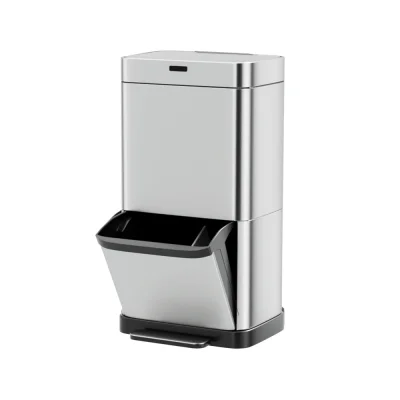 Devanti 70L Motion Sensor Pedal Bin, Stainless Steel, Dual Compartments, Fingerprint-Resistant, Soft Close, Silver