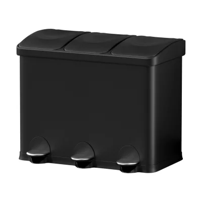 Cefito Pedal Bin Carbon Steel 45L Black | Triple Compartment Waste & Recycle Dustbin with Soft Close Mechanism