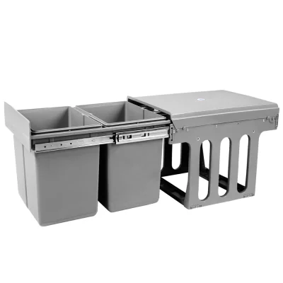 Cefito Pull-Out Bin 30L Kitchen Double Basket - 2x15L, Grey, ABS & Polypropylene, Space-Saving, Easy Install & Clean