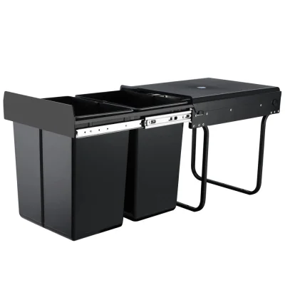 Cefito 2x20L Pull-Out Kitchen Bin, Black, Dual Compartment with Lids, Steel Frame, Smooth Slide, Easy Install & Clean