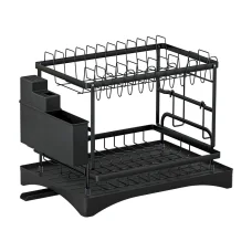 Cefito Expandable 2-Tier Dish Rack, Stainless Steel Frame, Removable Design, Black, 46x30.5x32cm, 1-Year Warranty