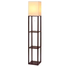 Artiss Floor Lamp with 3-Tier Shelf, 160cm Tall, Walnut, Vintage Design, MDF & Fabric, Space-Saving, Pull-String Switch