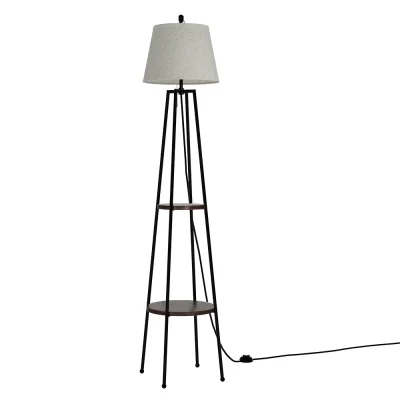 Artiss Floor Lamp with 2-Tier MDF Shelf, Linen Shade, Black Finish, 168cm, Modern LED Stand for Living Room Bedroom