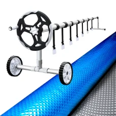 Aquabuddy Pool Cover & Roller Set, Aluminium, 11x4.8m, Blue, Solar Blanket, 500 Micron, Keeps Pools Warm & Clean