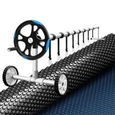 Aquabuddy 7x4m 600 Micron Solar Pool Cover with Aluminium Roller, Adjustable 2.4-5.55m, Blue & Black Blanket