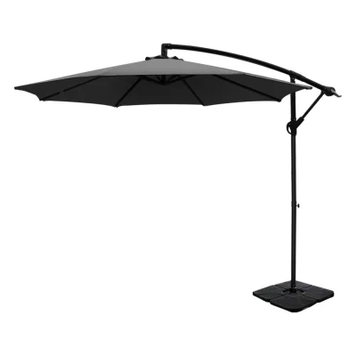 Instahut 3m Charcoal Cantilever Umbrella w/ Base – UV50+ Water-Resistant Polyester Canopy for Beach & Garden