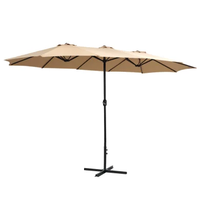 Instahut 4.57m Beige Outdoor Umbrella with UV50+ Dodecagon Canopy, Steel Frame, and Portable Base for Beach or Garden