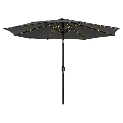 Instahut 2.9m Charcoal Outdoor Market Umbrella with LED String Lights, Tilt Adjustment & Water-Resistant Polyester